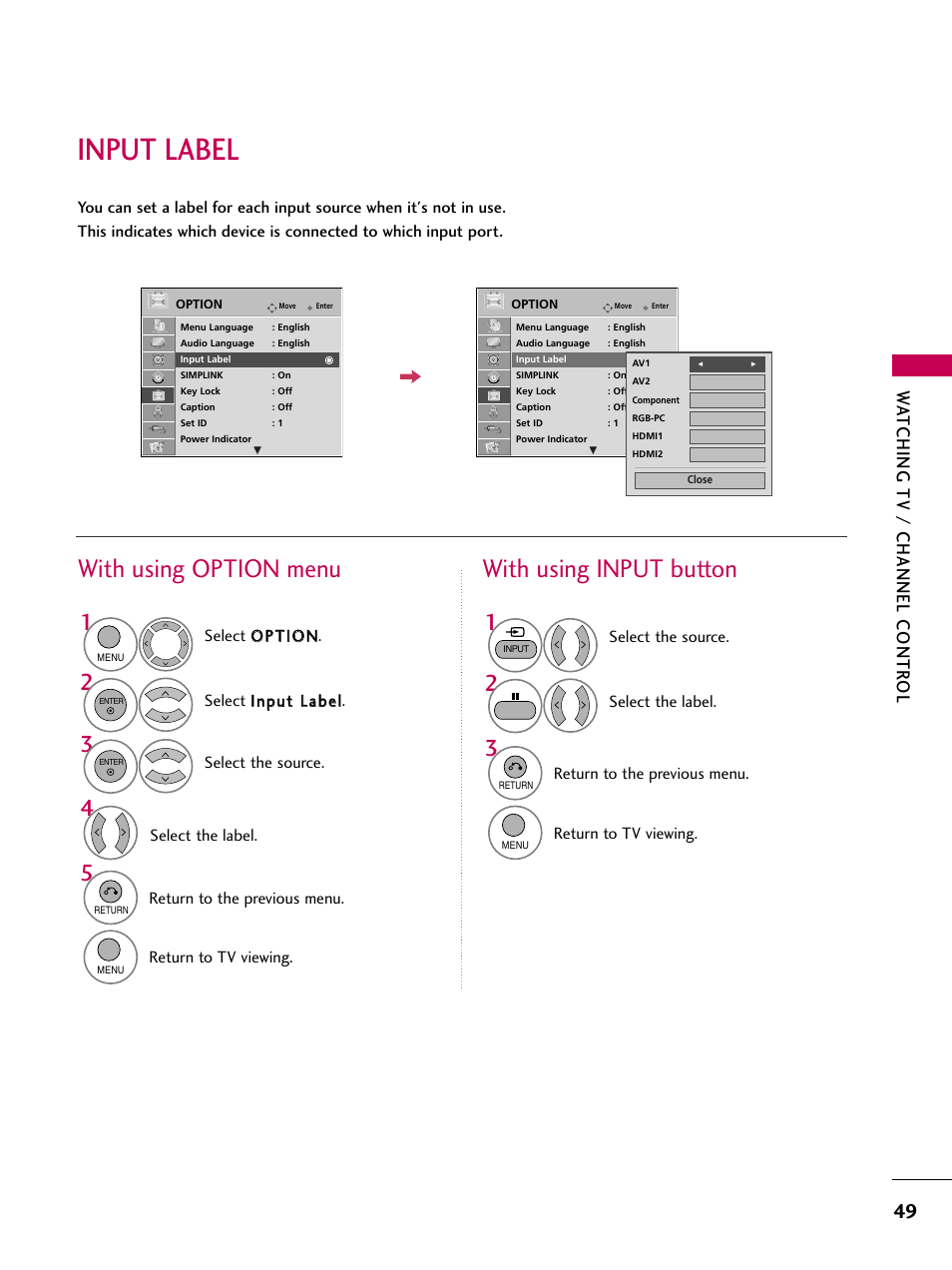 Input label, With using option menu, With using input button | Watching tv / channel contr ol | LG 26LH210C User Manual | Page 49 / 130