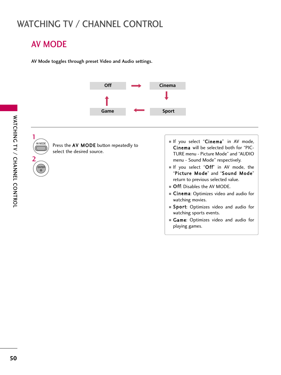 Av mode, Watching tv / channel control | LG 26LH210C User Manual | Page 50 / 130