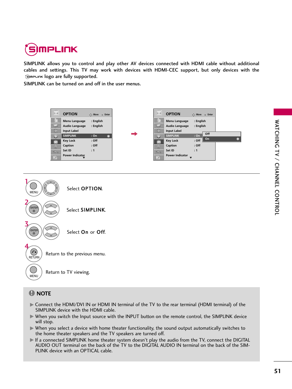 Simplink, Watching tv / channel contr ol | LG 26LH210C User Manual | Page 51 / 130