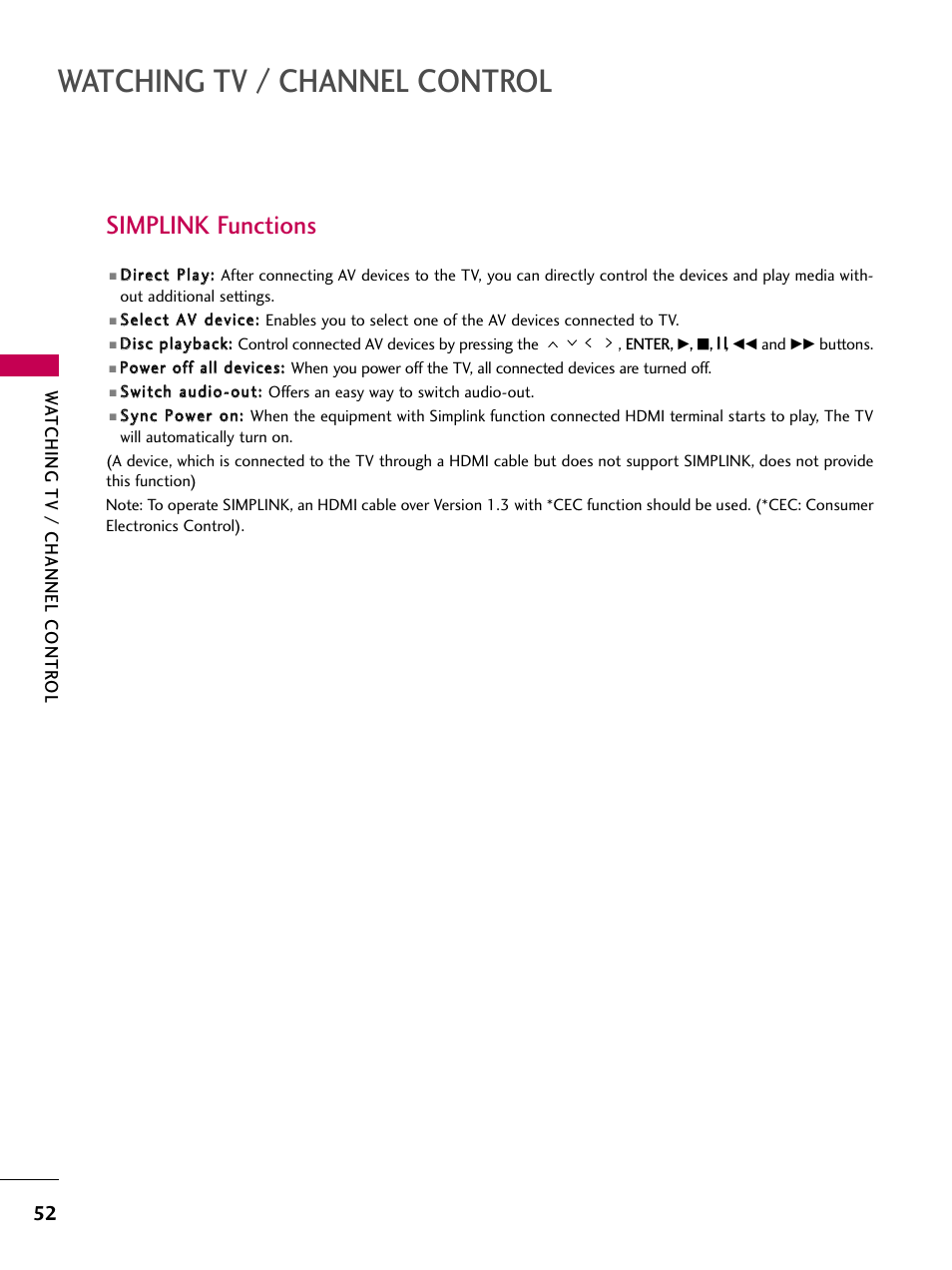 Simplink functions, Watching tv / channel control | LG 26LH210C User Manual | Page 52 / 130