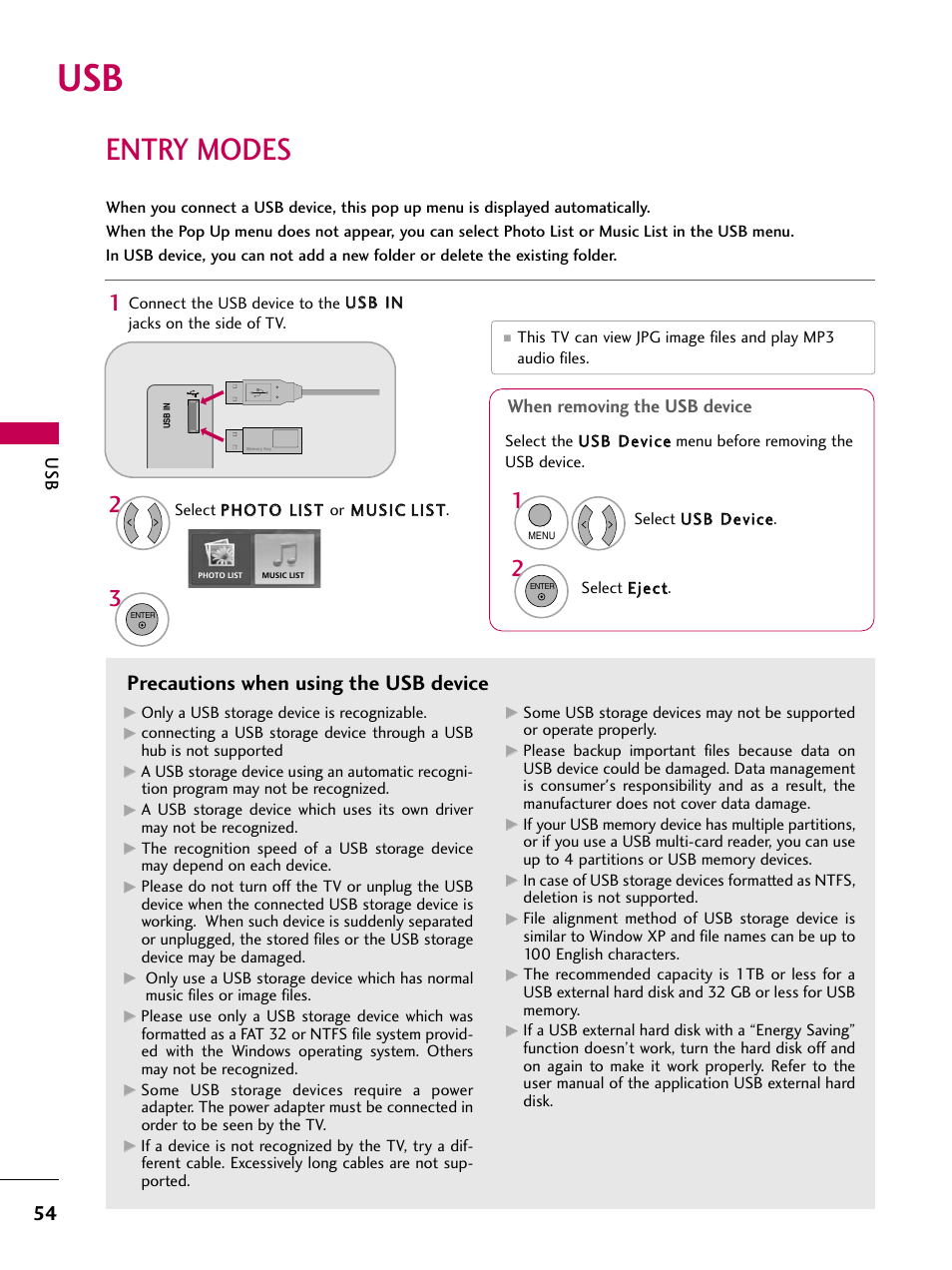 Entry modes, Precautions when using the usb device, When removing the usb device | LG 26LH210C User Manual | Page 54 / 130