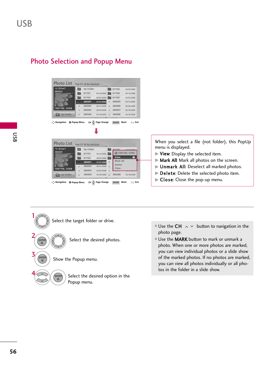 Photo selection and popup menu, Show the popup menu, Select the desired option in the popup menu | Photo list, Vviieew w: display the selected item, Ddeelleettee: delete the selected photo item, Ccllo ossee: close the pop-up menu | LG 26LH210C User Manual | Page 56 / 130