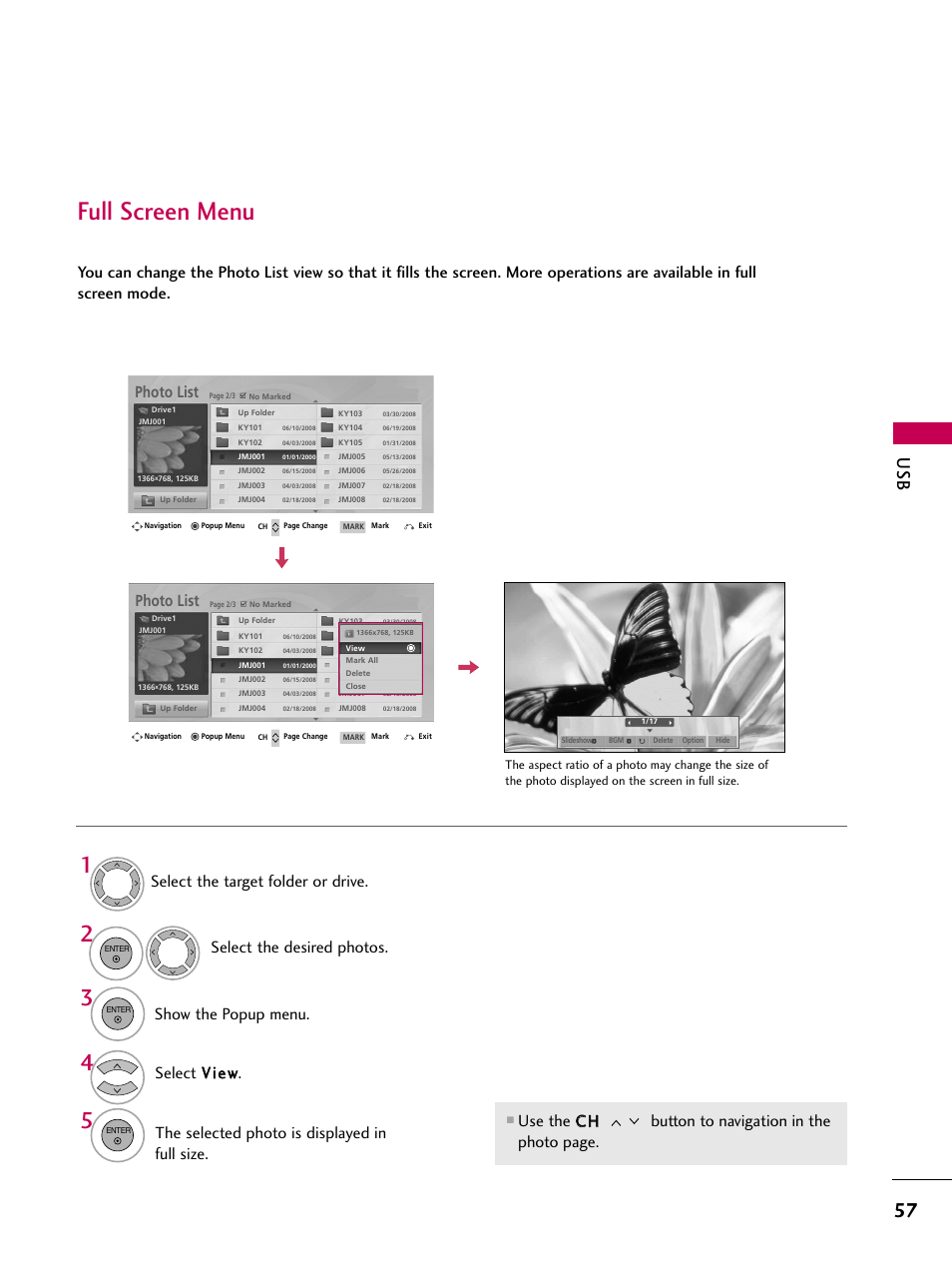Full screen menu, Photo list | LG 26LH210C User Manual | Page 57 / 130