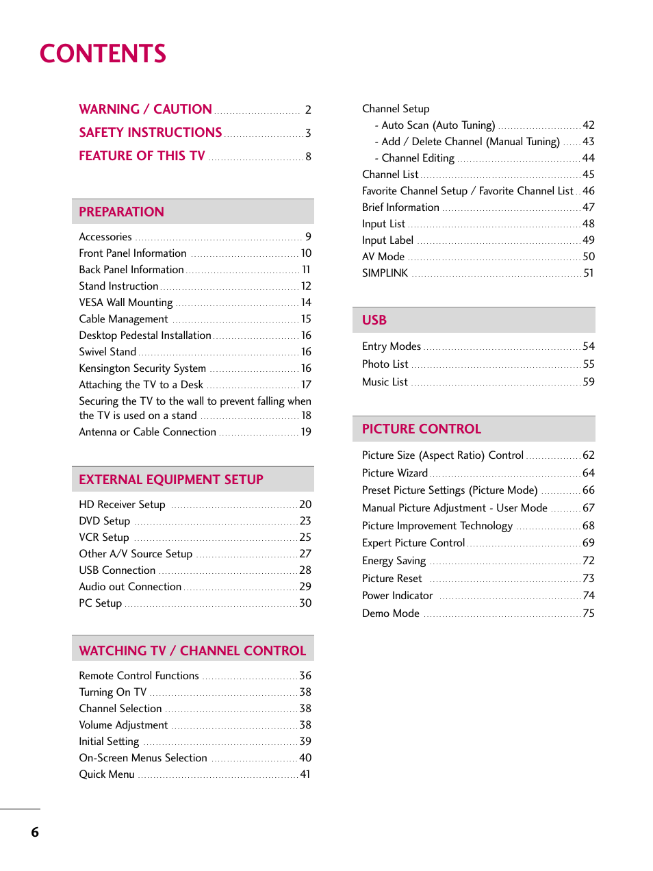 LG 26LH210C User Manual | Page 6 / 130