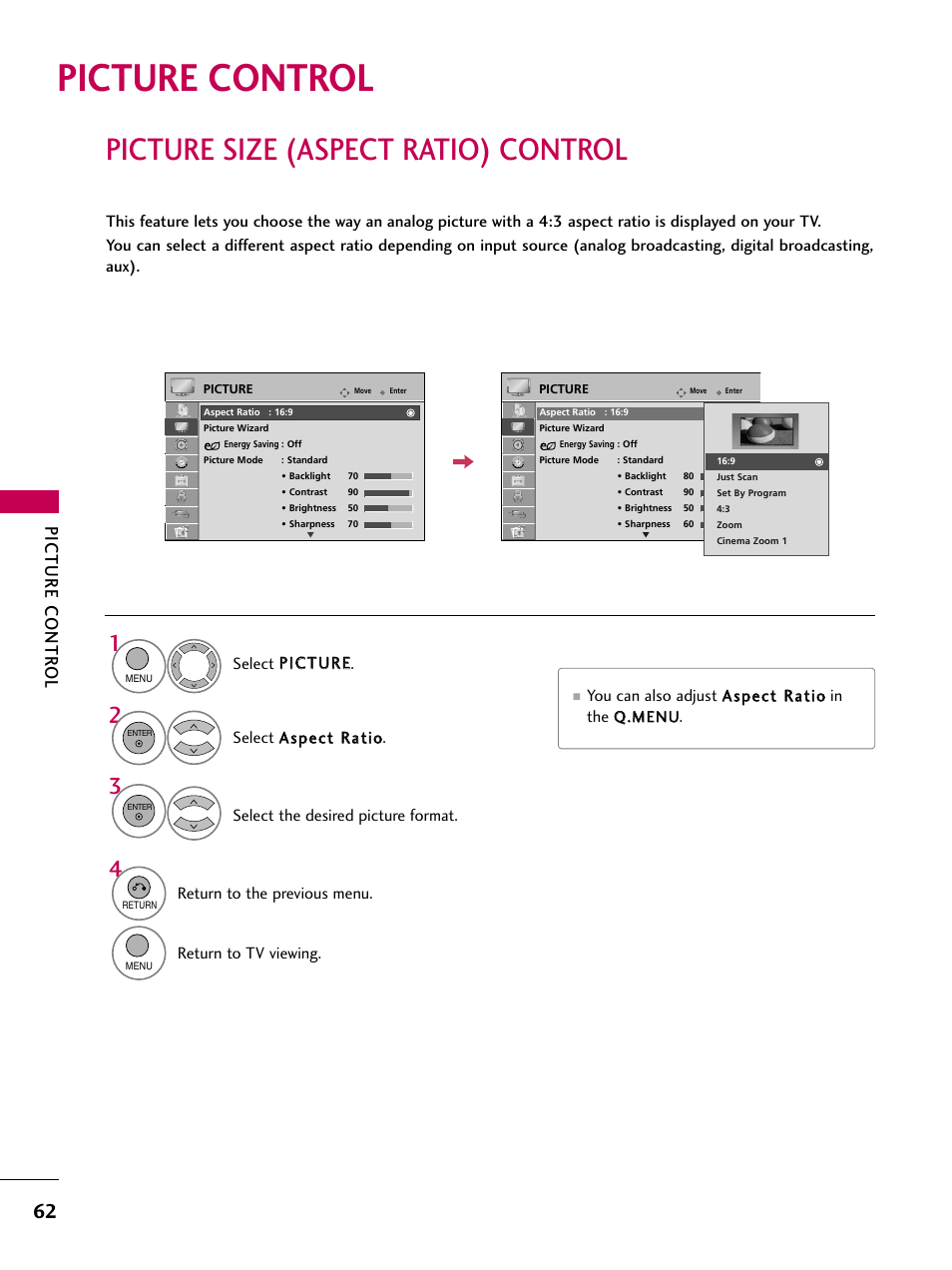 Picture control, Picture size (aspect ratio) control, Picture contr ol | LG 26LH210C User Manual | Page 62 / 130
