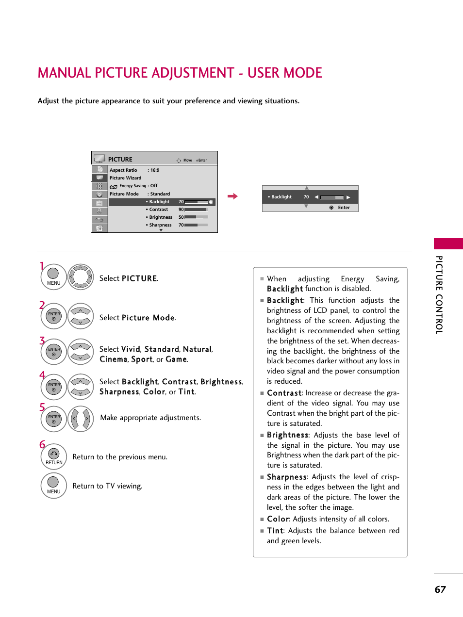 Manual picture adjustment - user mode, Picture contr ol | LG 26LH210C User Manual | Page 67 / 130