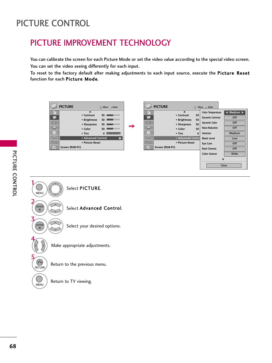 Picture improvement technology, Picture control, Picture contr ol | Return to the previous menu, Return to tv viewing. make appropriate adjustments | LG 26LH210C User Manual | Page 68 / 130