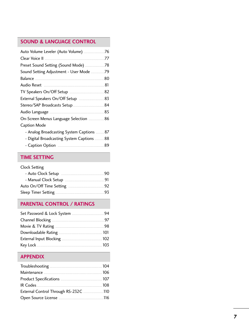 7sound & language control, Time setting, Parental control / ratings | Appendix | LG 26LH210C User Manual | Page 7 / 130