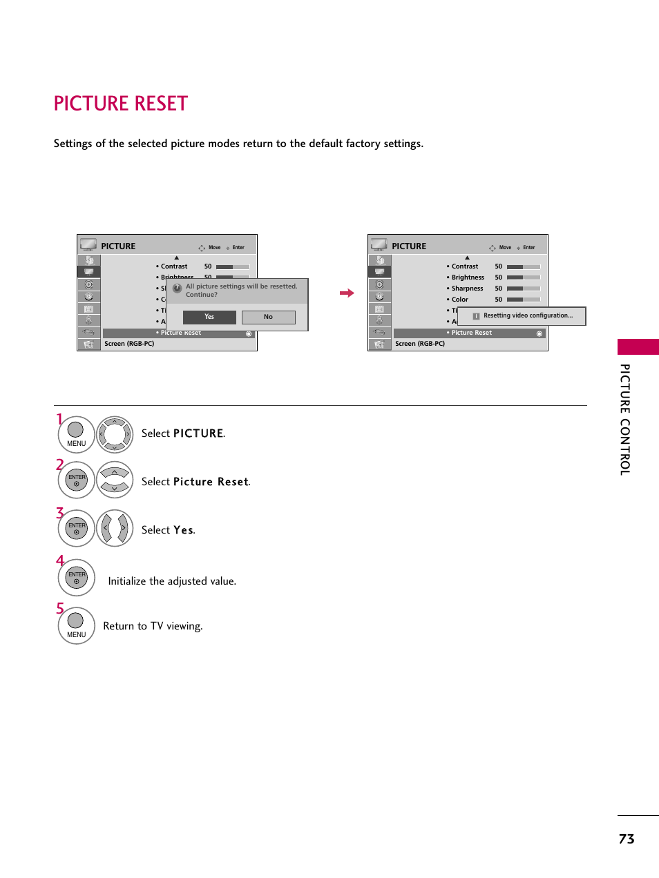 Picture reset, Picture contr ol, Initialize the adjusted value | Select y y ee ss, Return to tv viewing | LG 26LH210C User Manual | Page 73 / 130