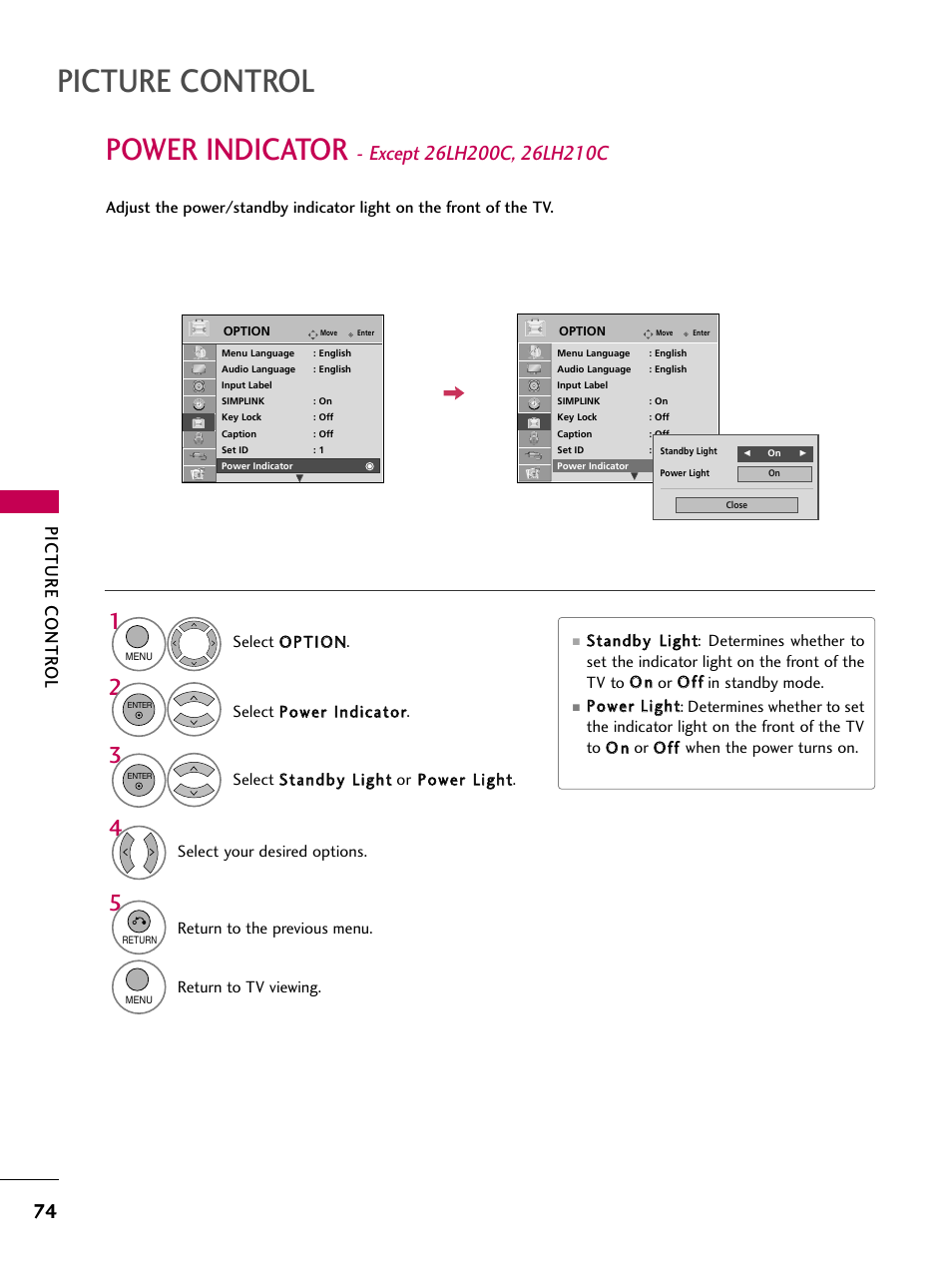 Power indicator, Picture control, Picture contr ol | LG 26LH210C User Manual | Page 74 / 130