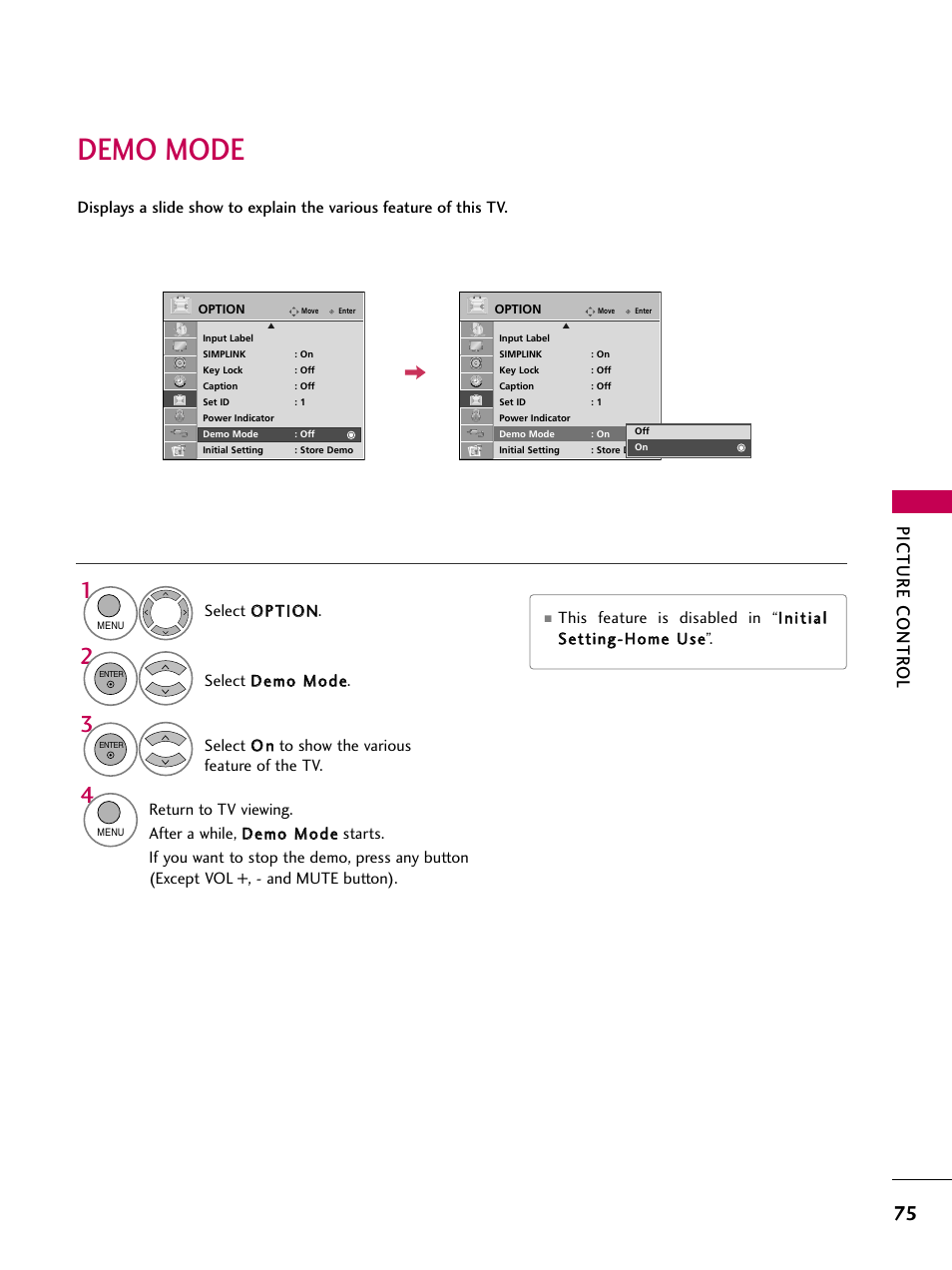 Demo mode, Picture contr ol | LG 26LH210C User Manual | Page 75 / 130