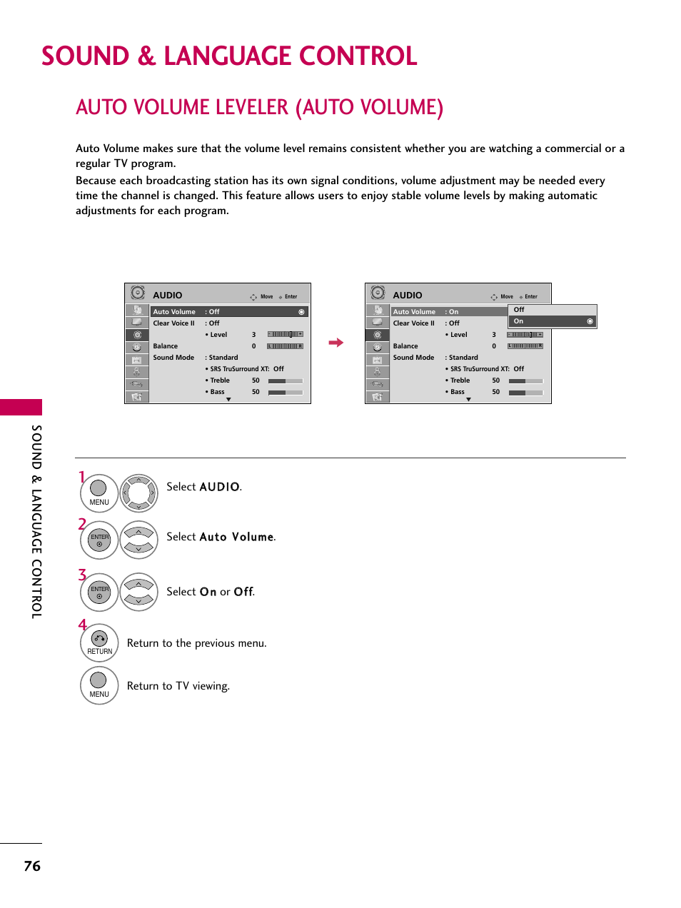 Sound & language control, Auto volume leveler (auto volume), Sound & langu a ge contr ol | Return to the previous menu, Return to tv viewing | LG 26LH210C User Manual | Page 76 / 130