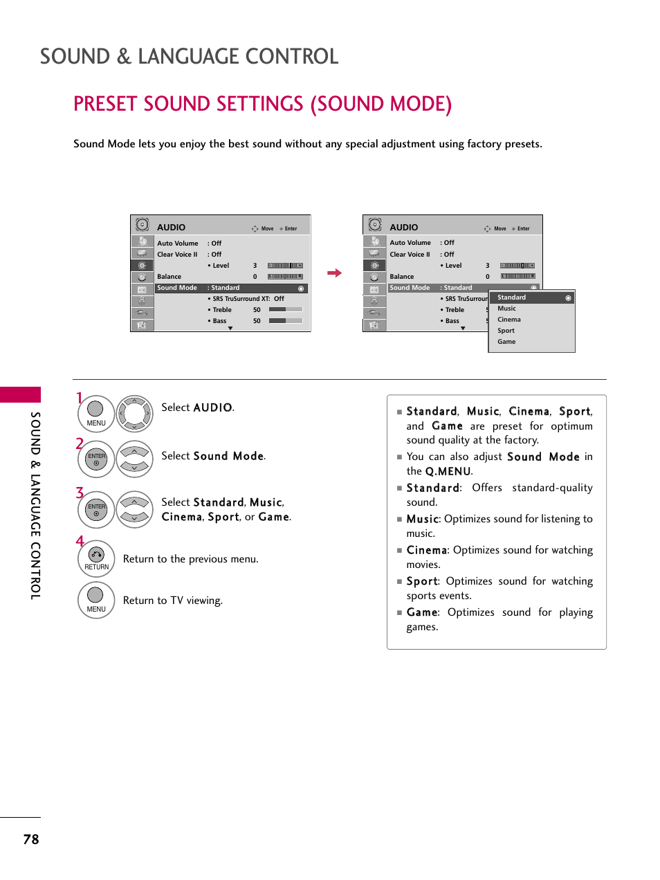 Preset sound settings (sound mode), Sound & language control, Sound & langu a ge contr ol | LG 26LH210C User Manual | Page 78 / 130