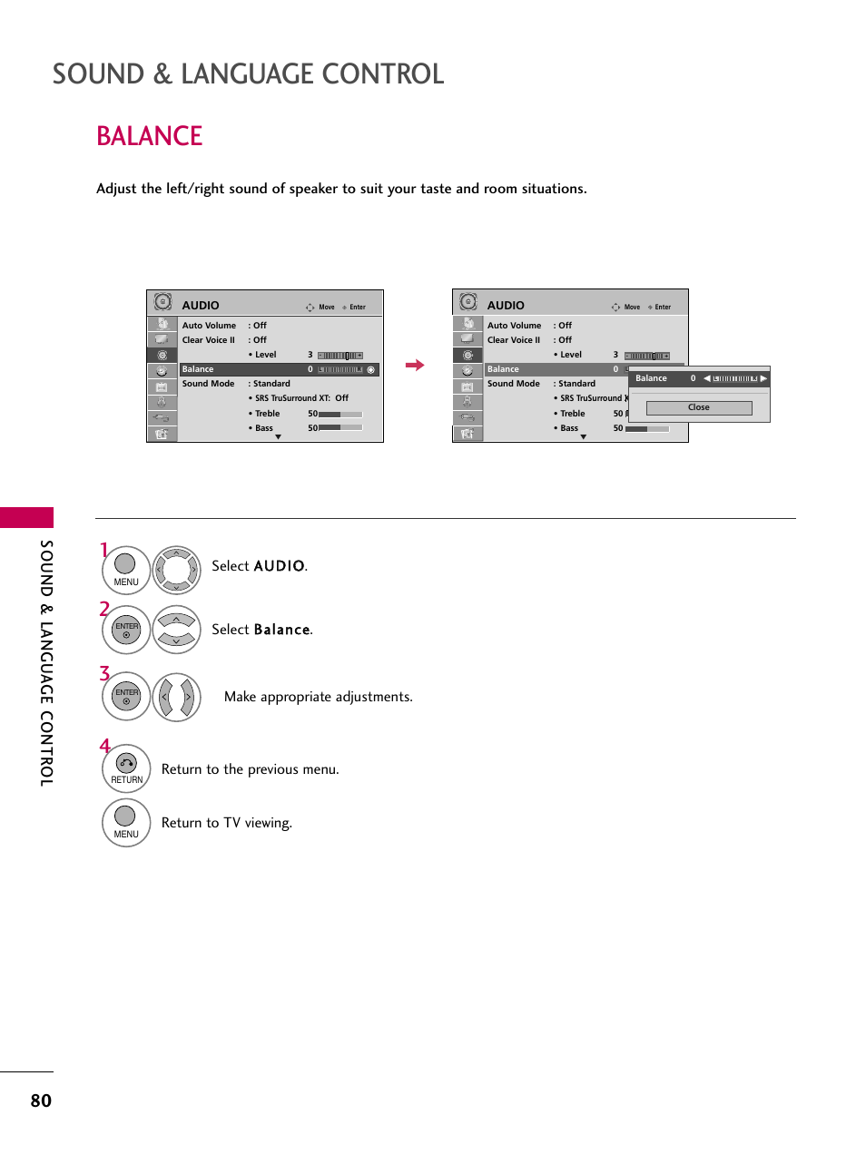 Balance, Sound & language control, Sound & langu a ge contr ol | Return to the previous menu, Return to tv viewing | LG 26LH210C User Manual | Page 80 / 130