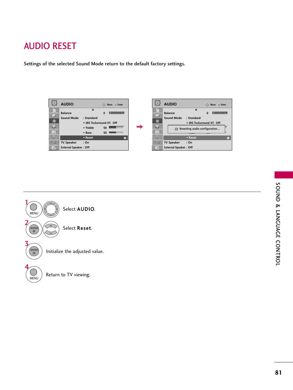 Audio reset, Sound & langu a ge contr ol, Initialize the adjusted value | Return to tv viewing | LG 26LH210C User Manual | Page 81 / 130