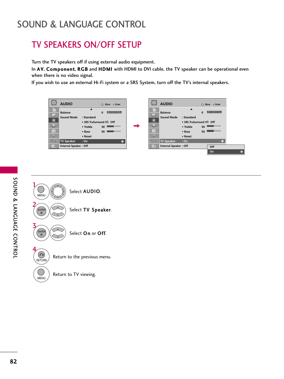 Tv speakers on/off setup, Sound & language control, Sound & langu a ge contr ol | LG 26LH210C User Manual | Page 82 / 130