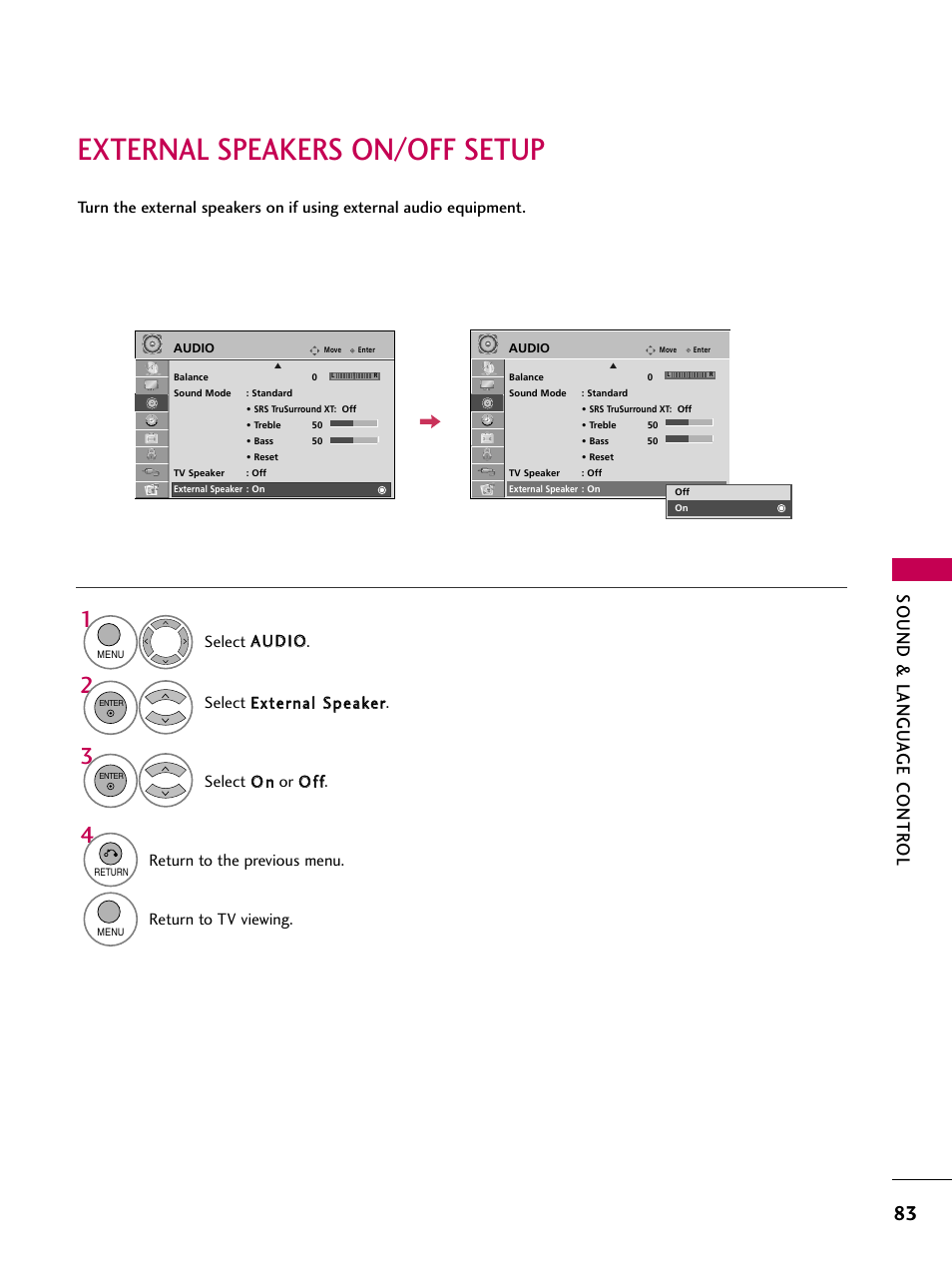 External speakers on/off setup, Sound & langu a ge contr ol, Return to the previous menu | Return to tv viewing | LG 26LH210C User Manual | Page 83 / 130