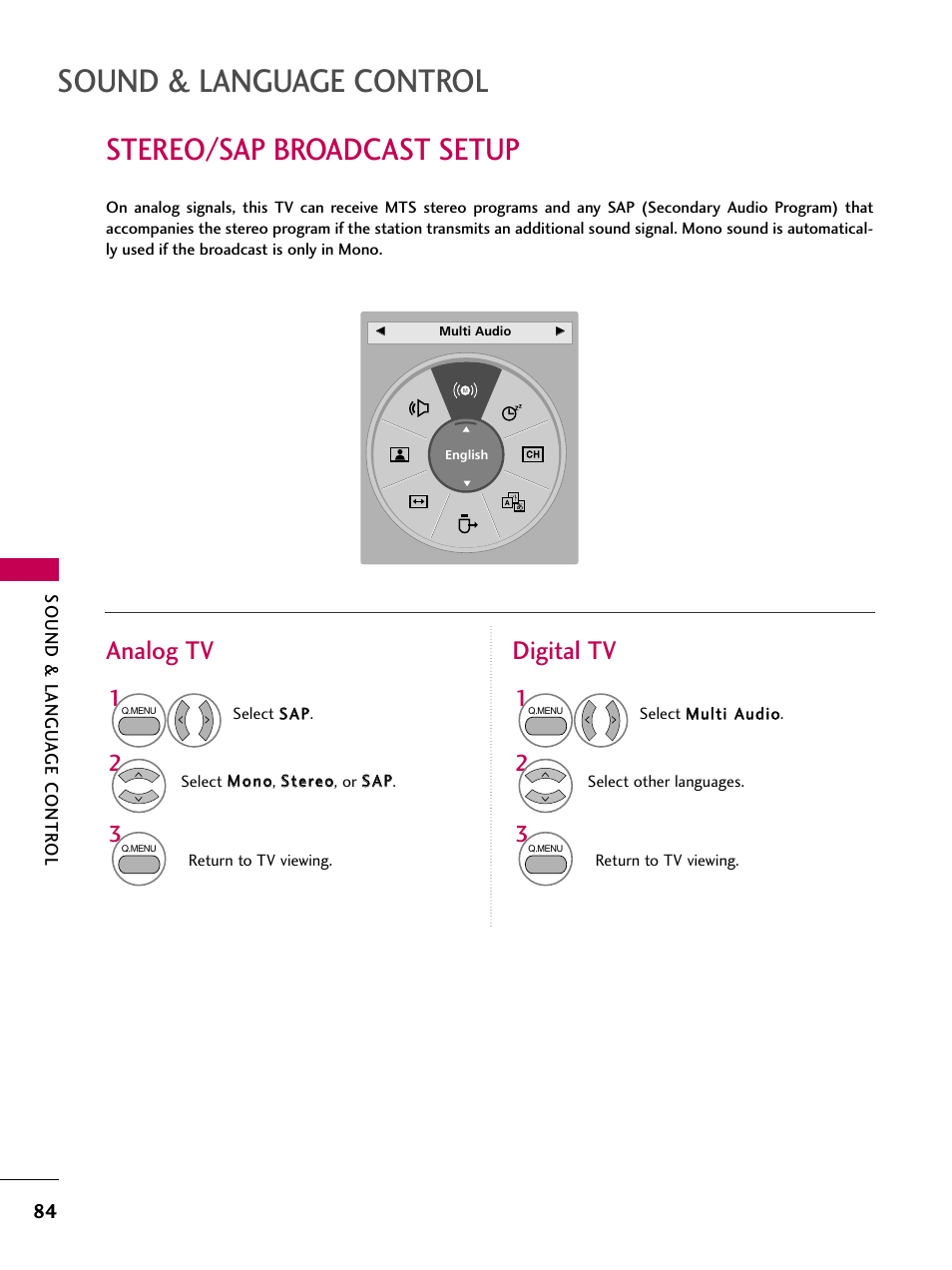 Stereo/sap broadcast setup, Sound & language control, Analog tv digital tv | LG 26LH210C User Manual | Page 84 / 130