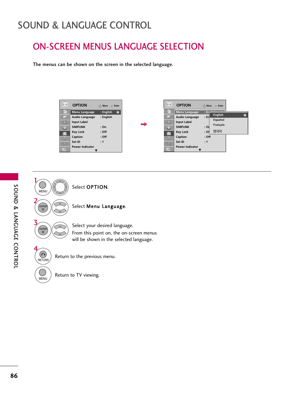 On-screen menus language selection, Sound & language control, Sound & langu a ge contr ol | LG 26LH210C User Manual | Page 86 / 130