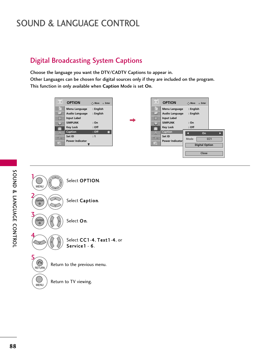 Digital broadcasting system captions, Sound & language control, Sound & langu a ge contr ol | LG 26LH210C User Manual | Page 88 / 130