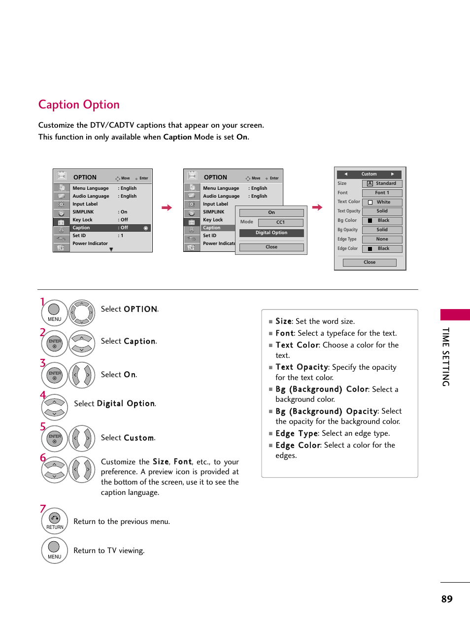 Caption option, Time setting | LG 26LH210C User Manual | Page 89 / 130