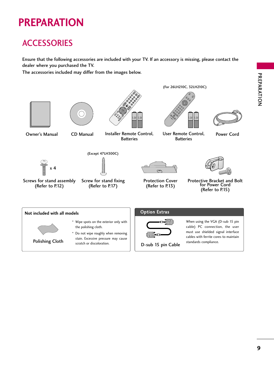 Preparation, Accessories, Prep ar at ion | User remote control, batteries, Pa g e, Fa v ma rk q.m en u, Ch c h vol, Vo l | LG 26LH210C User Manual | Page 9 / 130