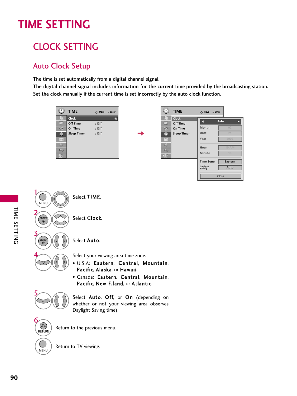Time setting, Clock setting, Auto clock setup | LG 26LH210C User Manual | Page 90 / 130