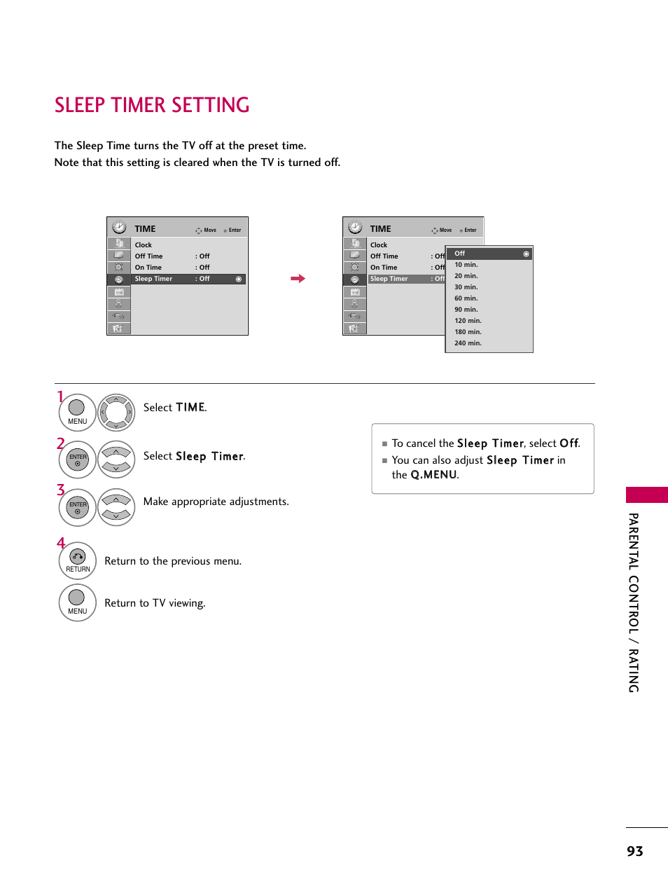 Sleep timer setting, Parent al contr ol / r ating | LG 26LH210C User Manual | Page 93 / 130
