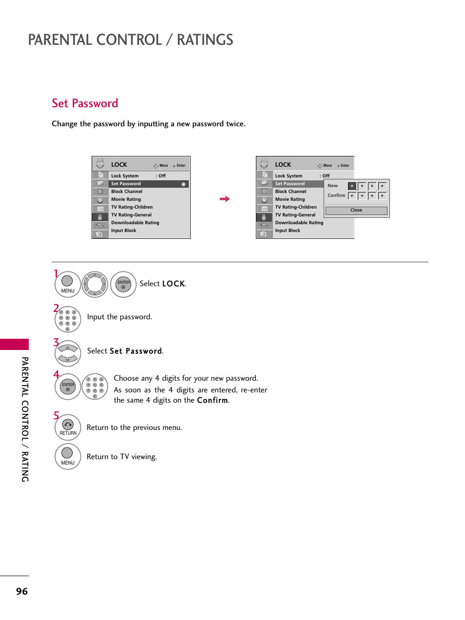 Set password, Parental control / ratings, Parent al contr ol / r ating | Select llo oc ck k, Input the password, Return to the previous menu, Return to tv viewing | LG 26LH210C User Manual | Page 96 / 130