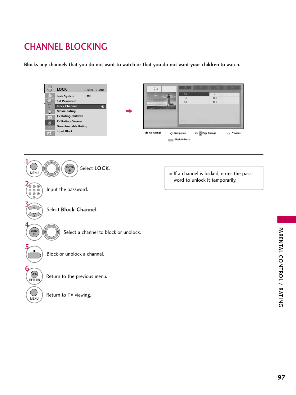 Channel blocking, Parent al contr ol / r ating | LG 26LH210C User Manual | Page 97 / 130