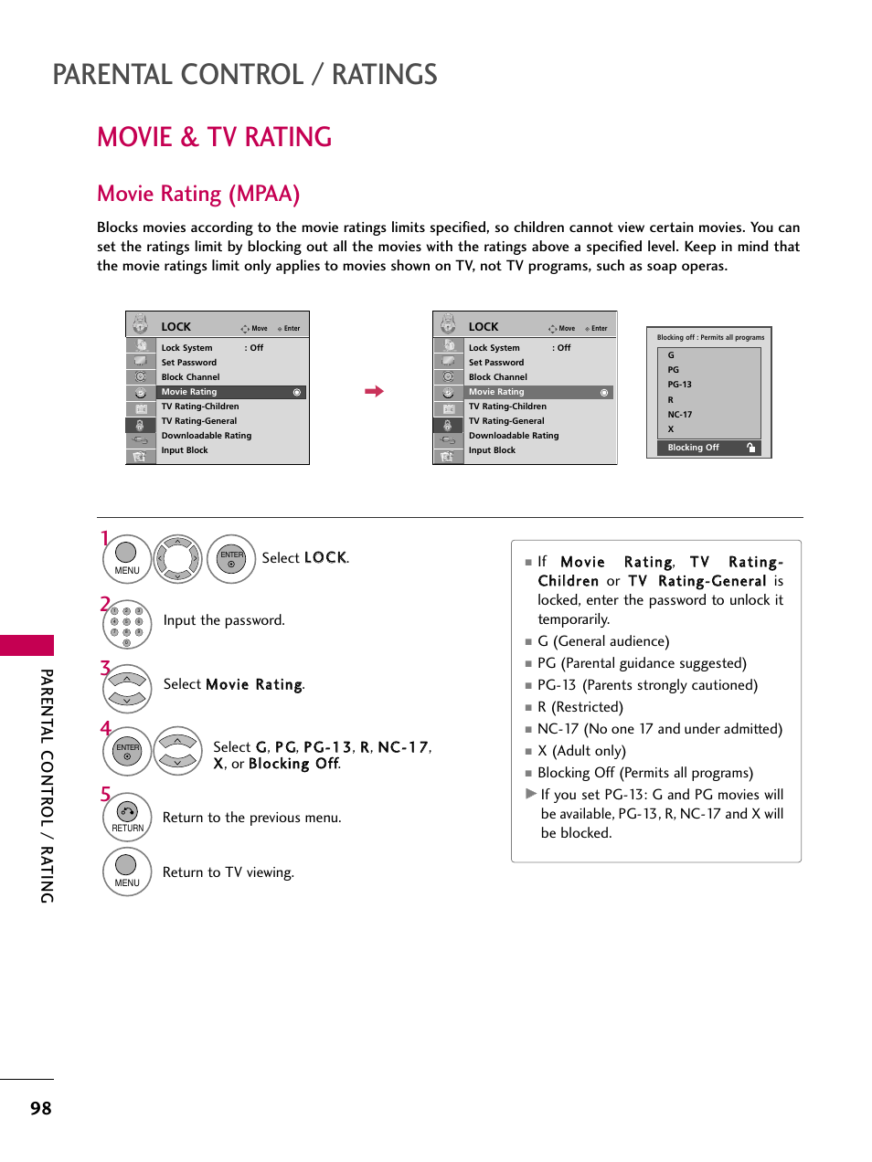 Movie & tv rating, Movie rating (mpaa), Parental control / ratings | Parent al contr ol / r ating | LG 26LH210C User Manual | Page 98 / 130