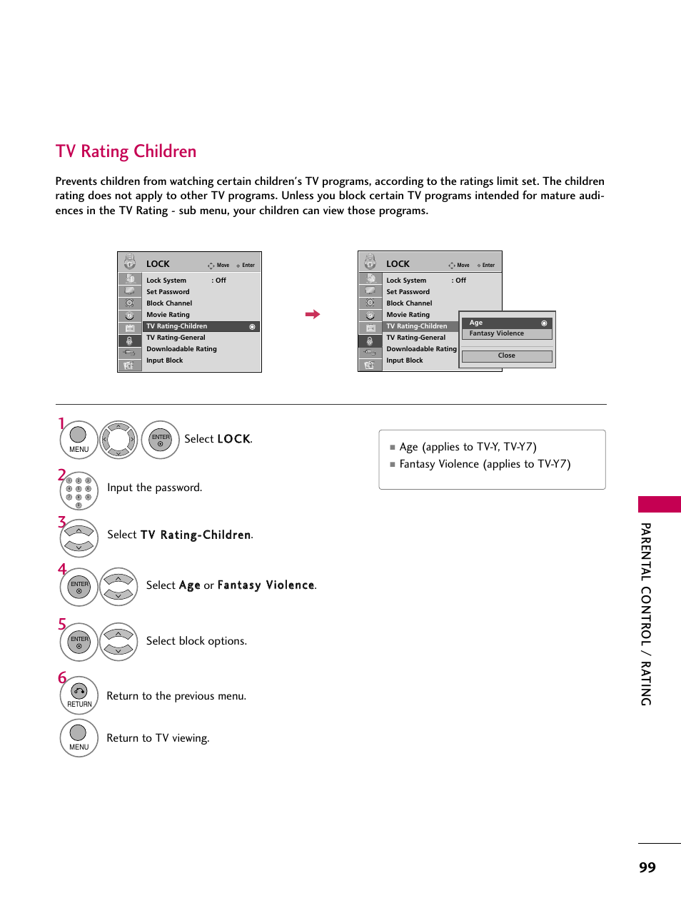 Tv rating children, Parent al contr ol / r ating | LG 26LH210C User Manual | Page 99 / 130