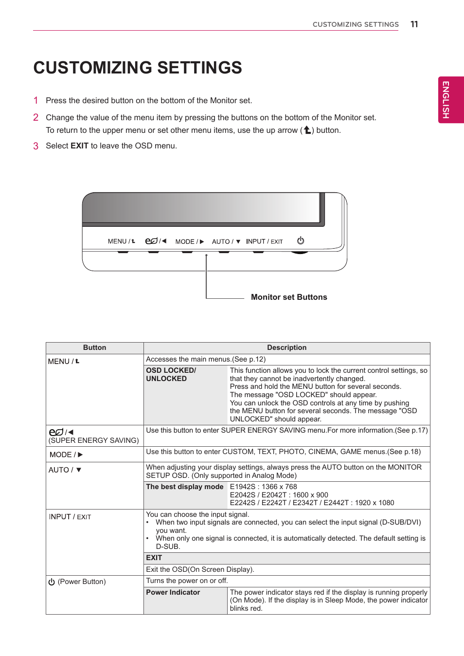 Customizing settings | LG E2242T-BN User Manual | Page 11 / 31