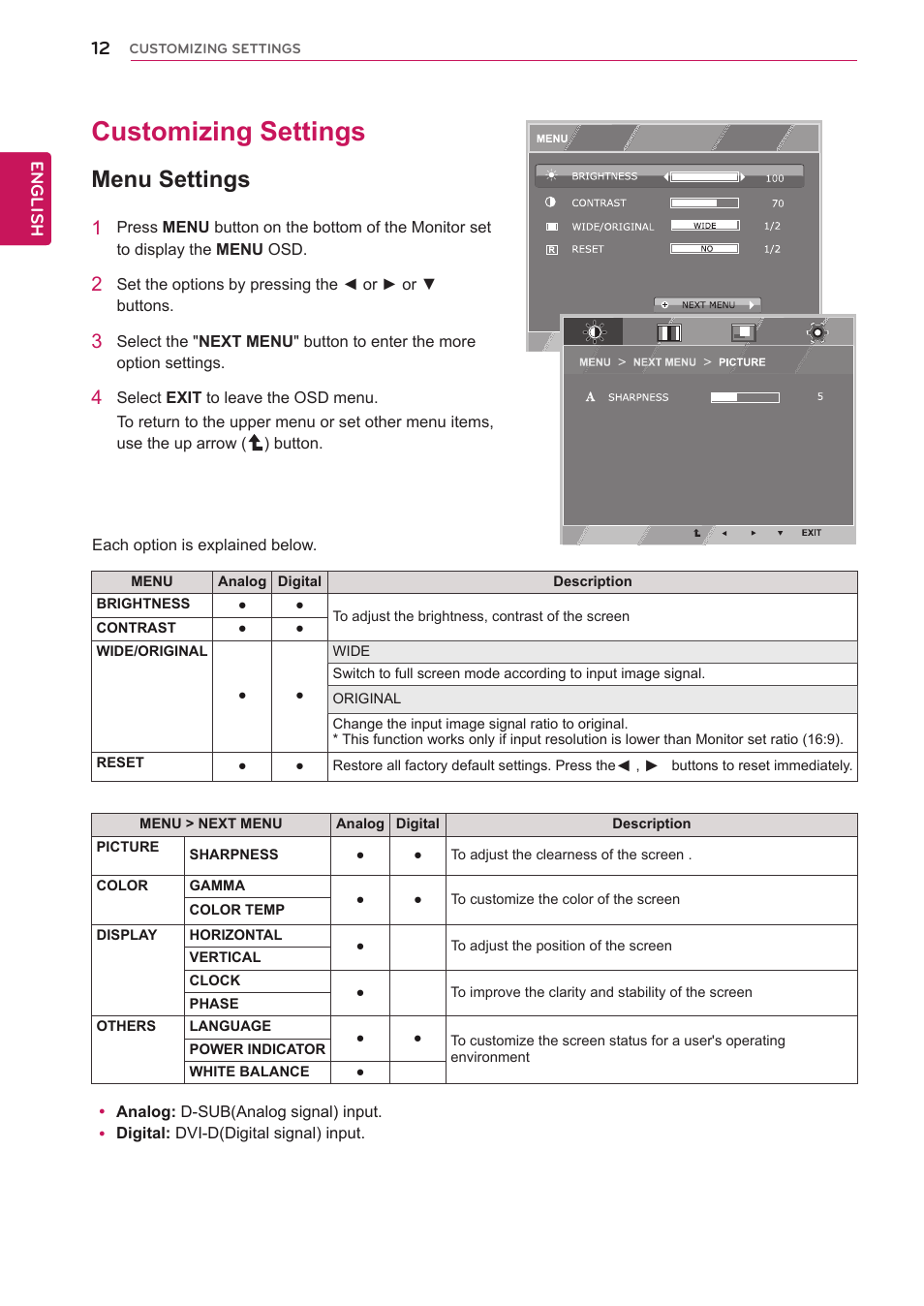 Customizing settings, Menu settings, 12 customizing settings 12 | LG E2242T-BN User Manual | Page 12 / 31