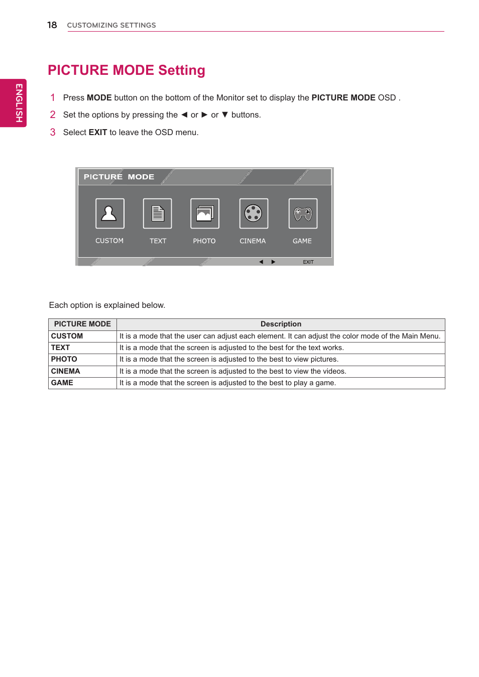 Picture mode setting, 18 picture mode setting | LG E2242T-BN User Manual | Page 18 / 31