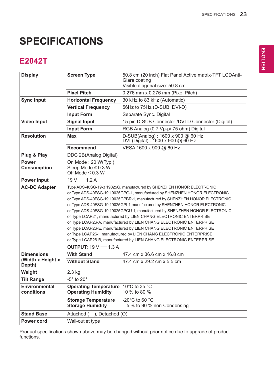 E2042t, 23 e2042t, Specifications | LG E2242T-BN User Manual | Page 23 / 31