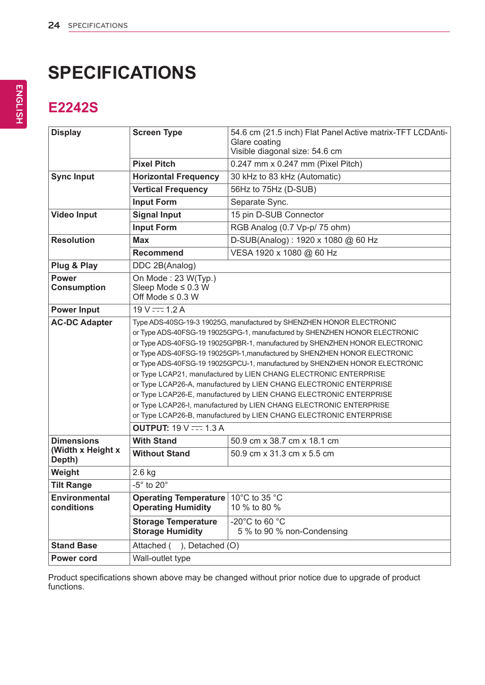 E2242s, 24 e2242s, Specifications | LG E2242T-BN User Manual | Page 24 / 31