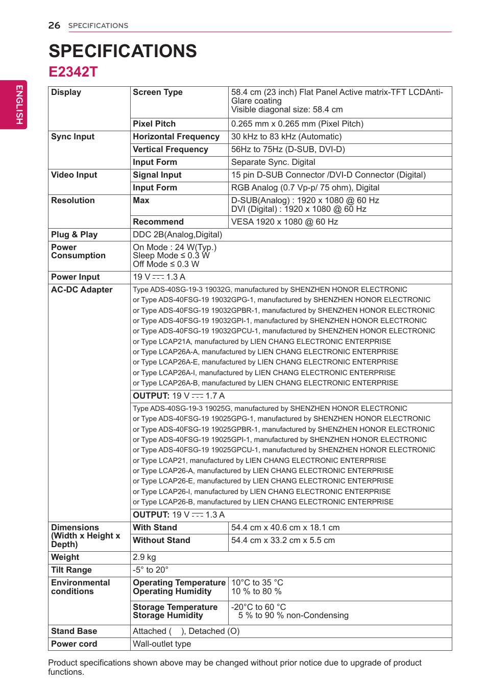 E2342t, 26 e2342t, Specifications | LG E2242T-BN User Manual | Page 26 / 31