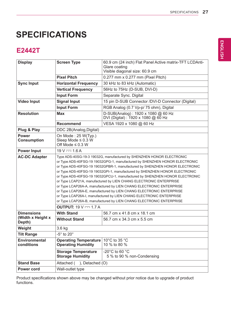 E2442t, 27 e2442t, Specifications | LG E2242T-BN User Manual | Page 27 / 31