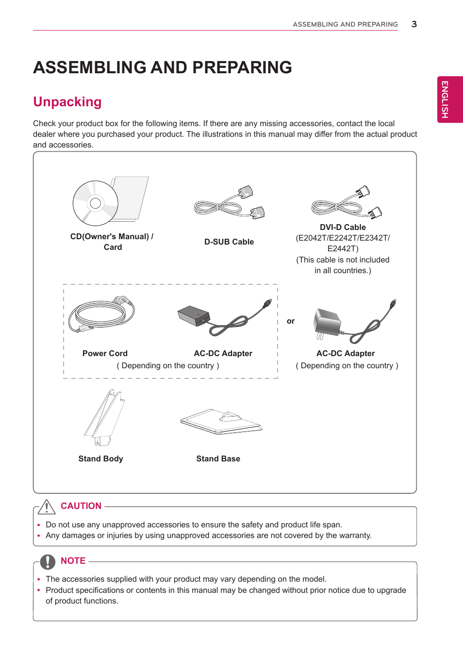 Assembling and preparing, Unpacking, Assembling and | Preparing | LG E2242T-BN User Manual | Page 3 / 31
