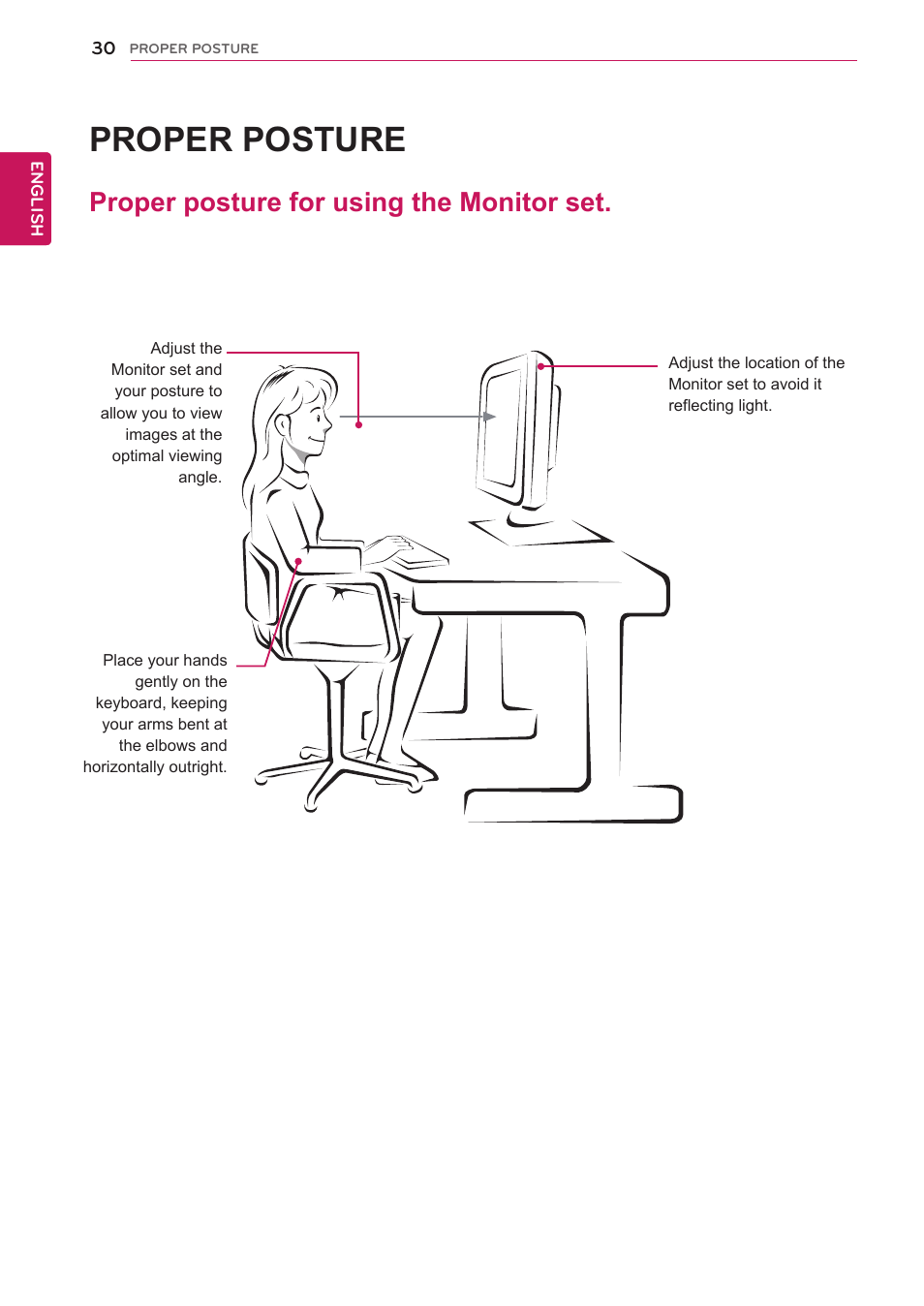 Proper posture, Proper posture for using the monitor set, 30 proper posture for using the monitor set | LG E2242T-BN User Manual | Page 30 / 31