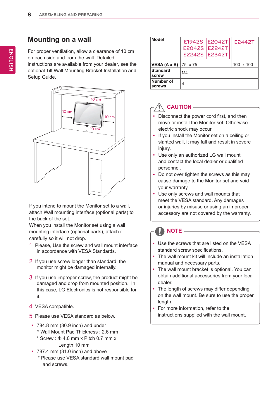 Mounting on a wall | LG E2242T-BN User Manual | Page 8 / 31