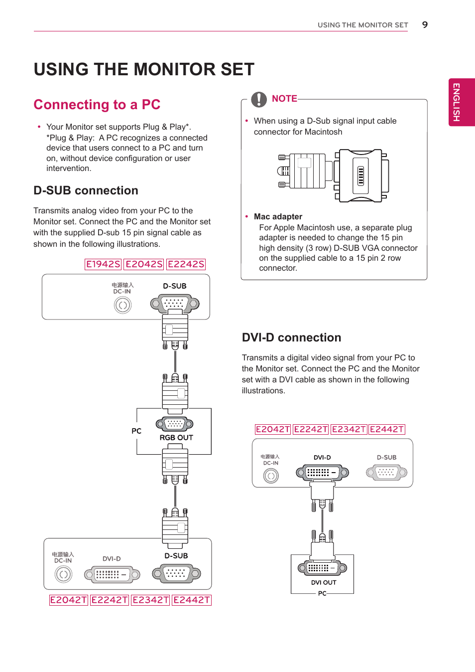 Using the monitor set, Connecting to a pc, D-sub connection | Dvi-d connection | LG E2242T-BN User Manual | Page 9 / 31