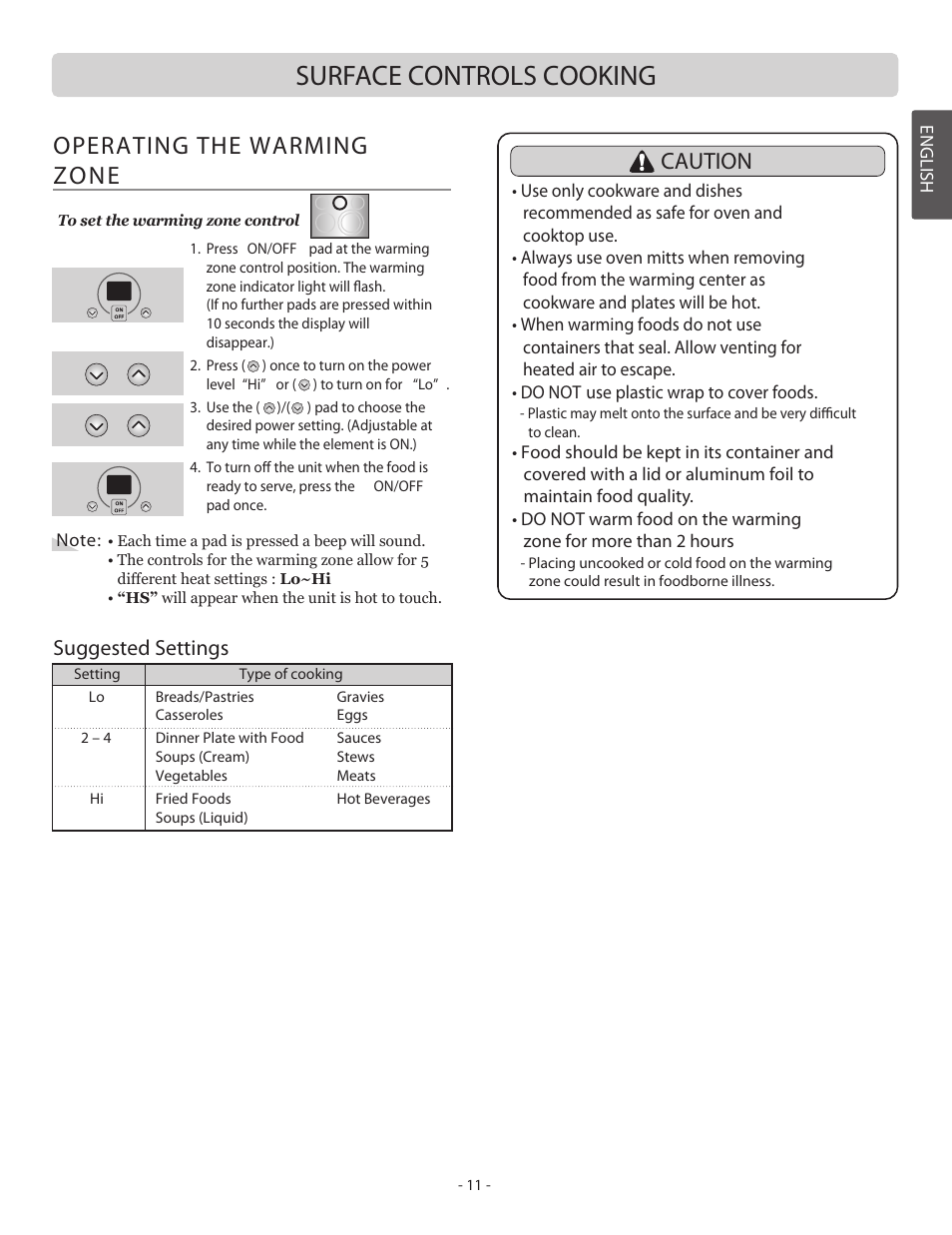 Surface controls cooking, Operating the warming zone, Caution | Suggested settings | LG LSB5682SW User Manual | Page 11 / 41