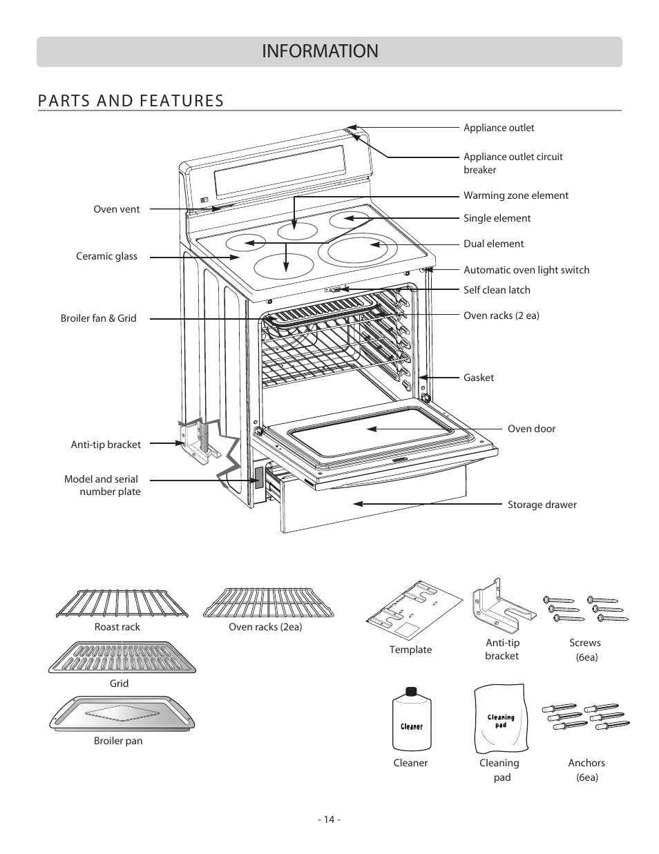 Information, Parts and features | LG LSB5682SW User Manual | Page 14 / 41