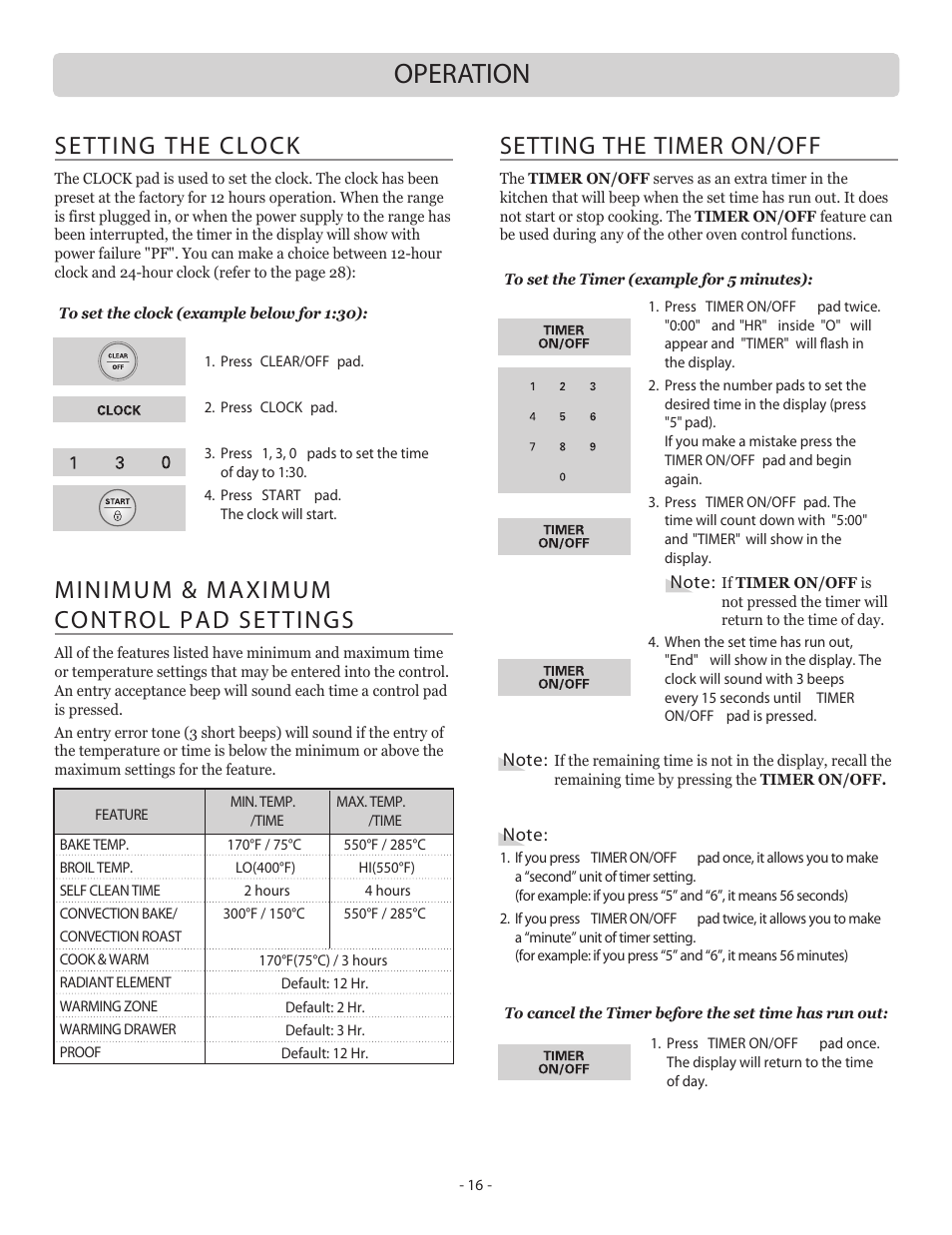 Operation, Setting the clock, Minimum & maximum control pad settings | Setting the timer on/off | LG LSB5682SW User Manual | Page 16 / 41