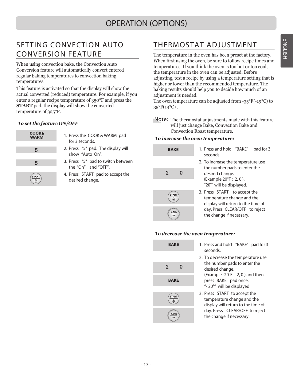 Operation (options), Setting convection auto conversion feature, Thermostat adjustment | LG LSB5682SW User Manual | Page 17 / 41