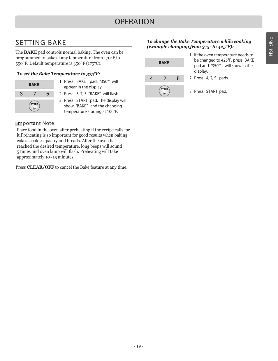 Operation, Setting bake | LG LSB5682SW User Manual | Page 19 / 41