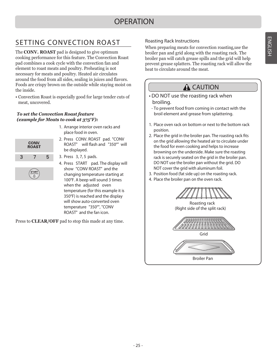 Operation, Setting convection roast, Caution | LG LSB5682SW User Manual | Page 25 / 41