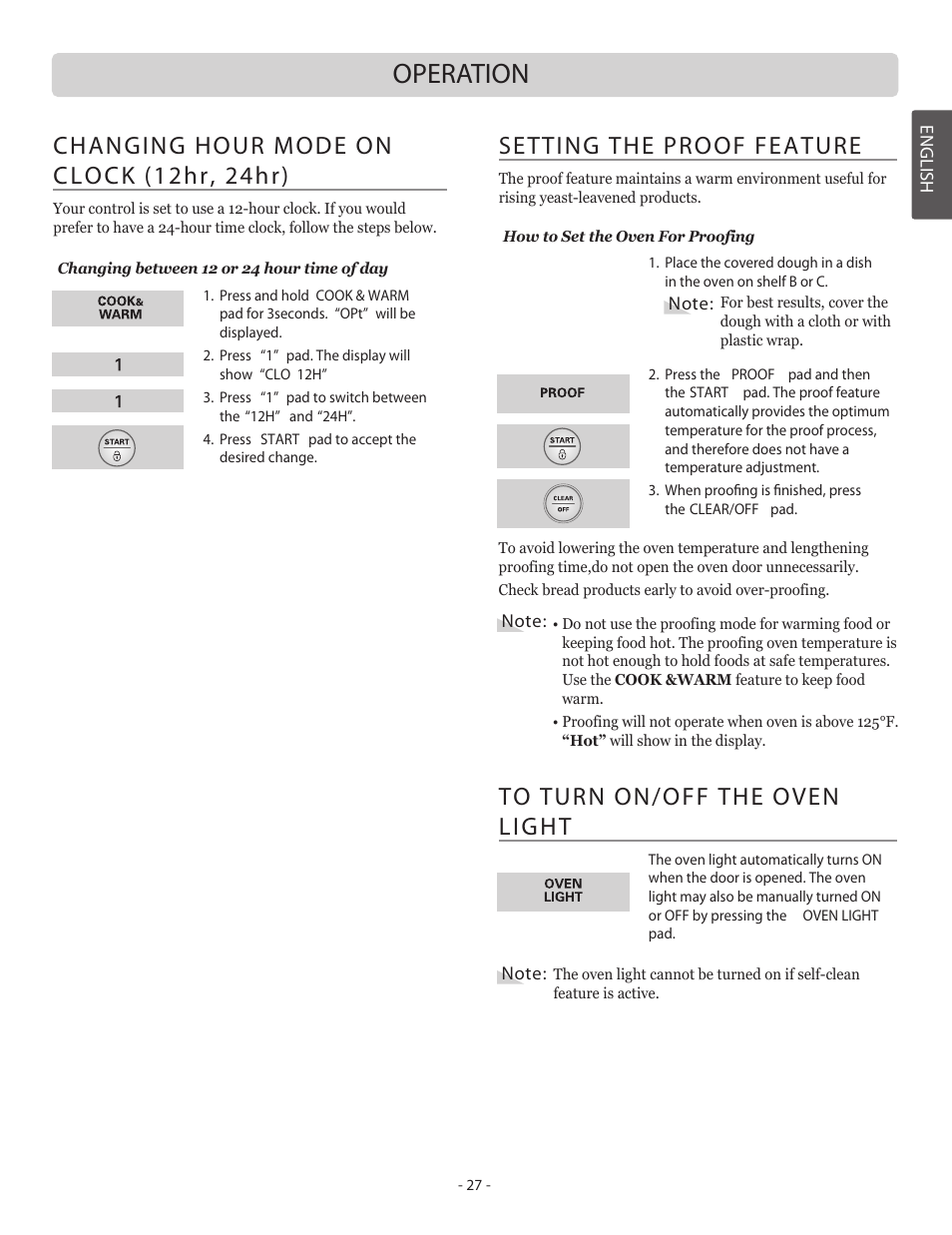 Operation, Setting the proof feature, Changing hour mode on clock (12hr, 24hr) | LG LSB5682SW User Manual | Page 27 / 41